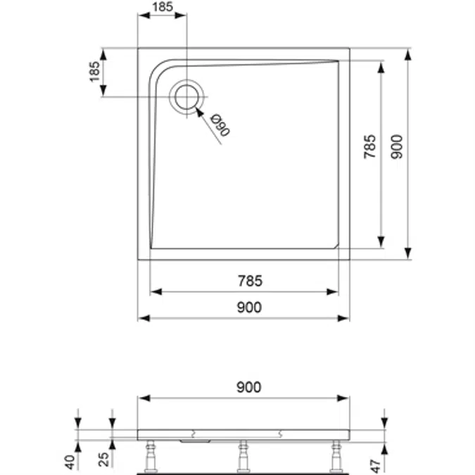 Rechteck-Brausewanne 900 x 900 mm