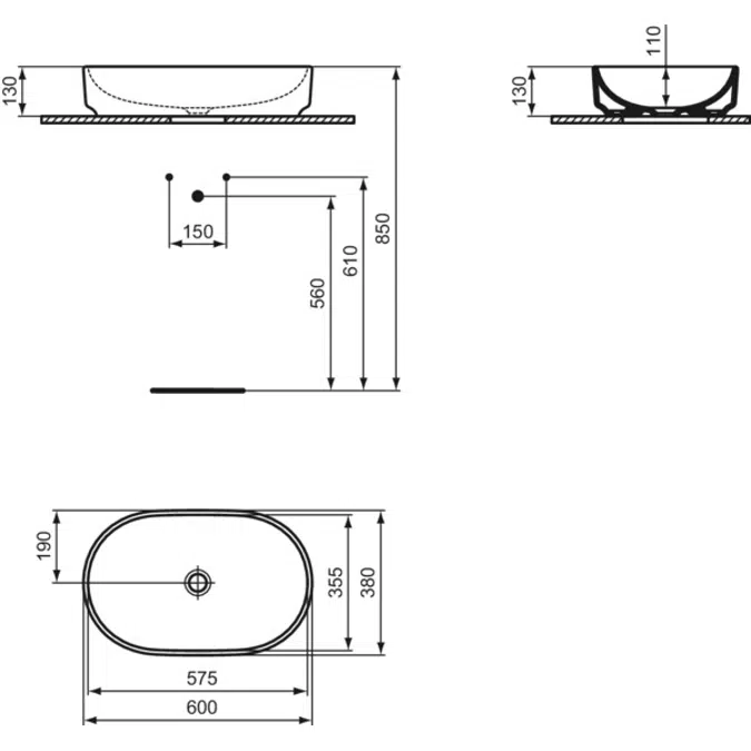 I.LIFE O  Vessel 600x380x130 mm in white glossy finish, without overflow  Space saving basin