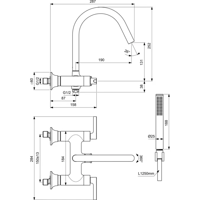 JOY NEO BATH & SHOWER EXPOSED DUAL CONTROL  WITH LEVER HANDLES AND HANDSHOWER SET