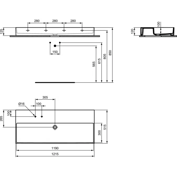 SOLOS basin 120x50cm (2TH on left side of tapdeck), available in glossy white and glossy black finishes