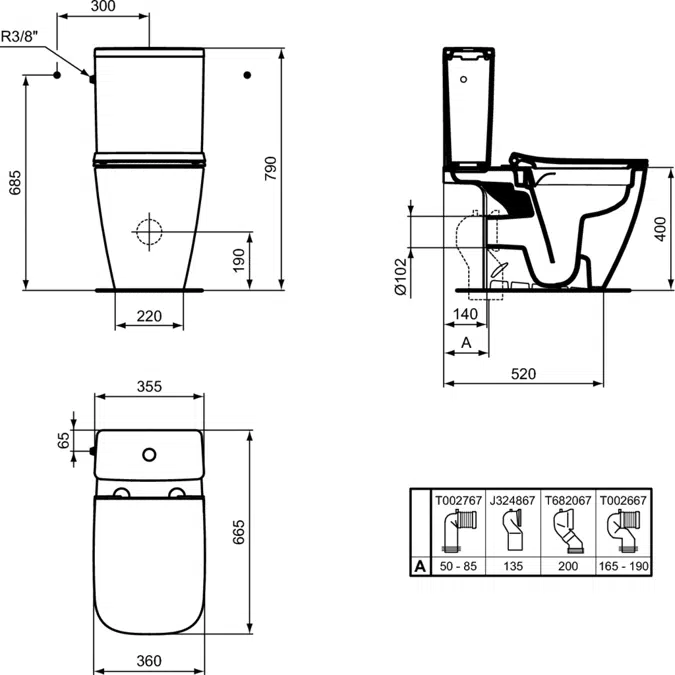 I.Life b, close coupled toilet with cistern side inlet 6/3l and sandwich seat