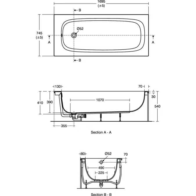 I.LIFE RECTANGULAR BATH TUB 170X75 CM.