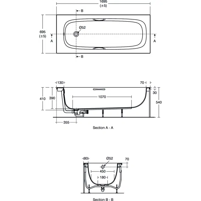 I.LIFE RECTANGULAR BATH TUB 170X70 CM.