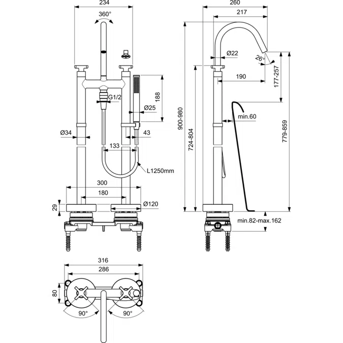 JOY NEO FREESTANDING BATH & SHOWER MIXER DUAL CONTROL WITH CROSS HANDLES AND HANDSHOWER SET