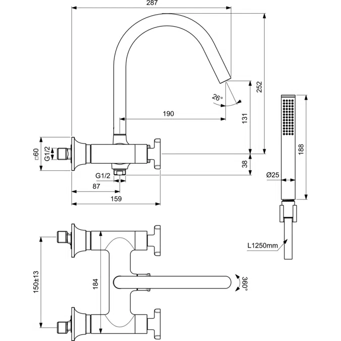 JOY NEO BATH & SHOWER EXPOSED DUAL CONTROL WITH CROSS HANDLES AND HANDSHOWER SET