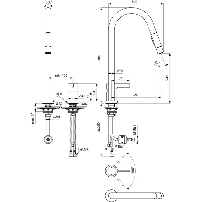 GUSTO SINK MIXER 2 HOLES P/D 2 FUNTIONS