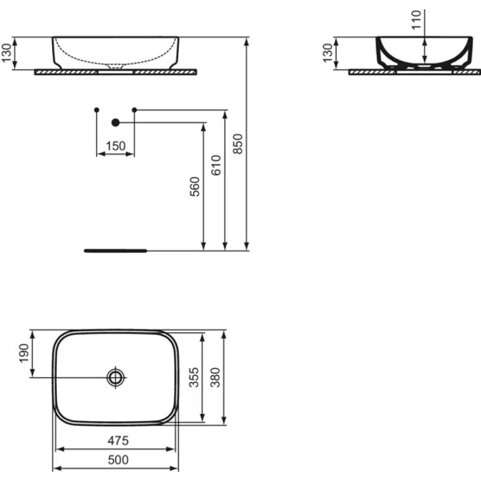 I.LIFE B  Vessel 500x380x130 mm in white glossy finish, without overflow  Space saving basin