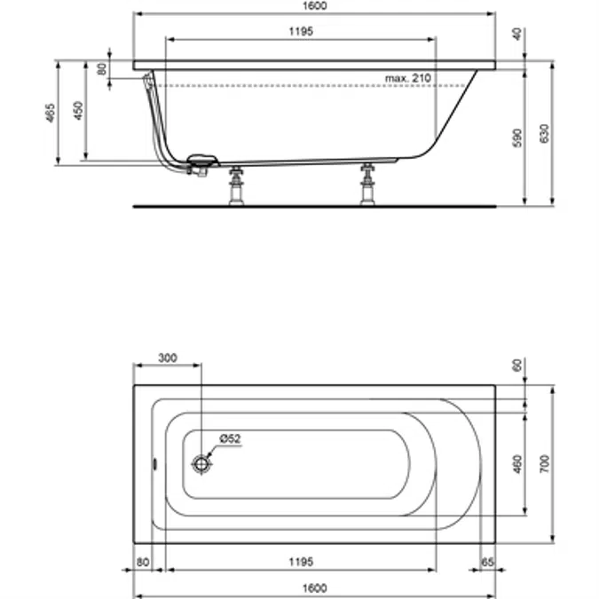 Körperform-Badewanne 1600 x 700 mm