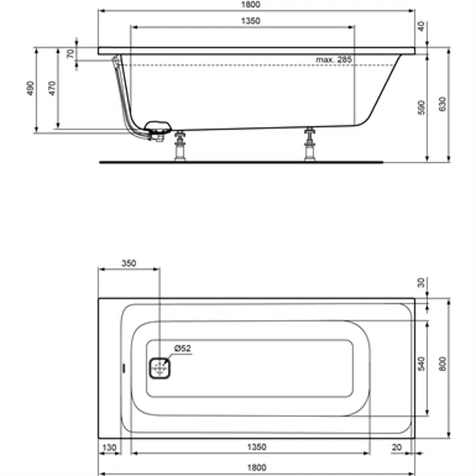 TONIC II rectangular bath tub 1800x800mm