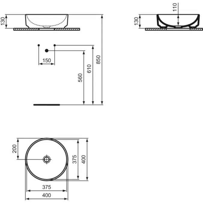 I.LIFE O  Vessel 400x400x130 mm in white glossy finish, without overflow  Space saving basin