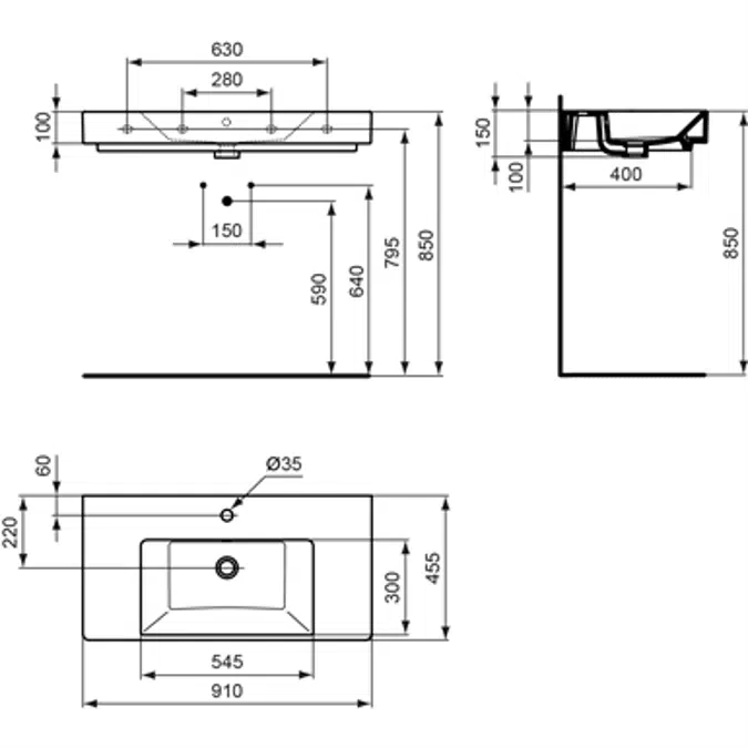 Bim Objects - Free Download! Strada Vanity Basin 910x455mm, 1 Taphole 