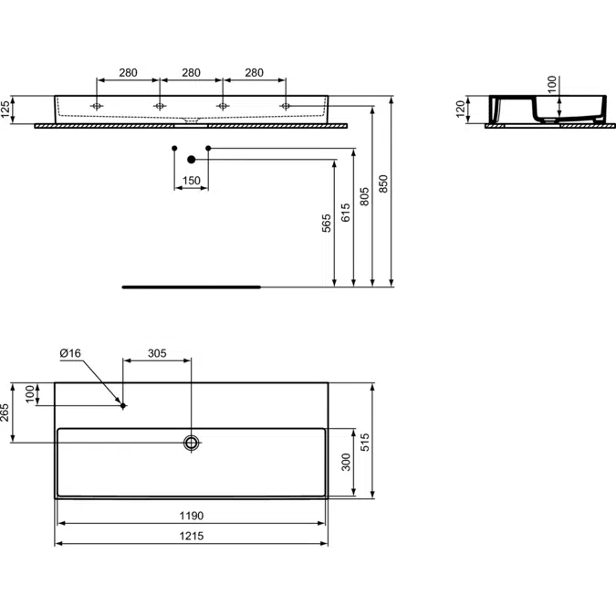 SOLOS basin 120x50cm (1TH on left side of tape deck), available in glossy white and glossy black finishes