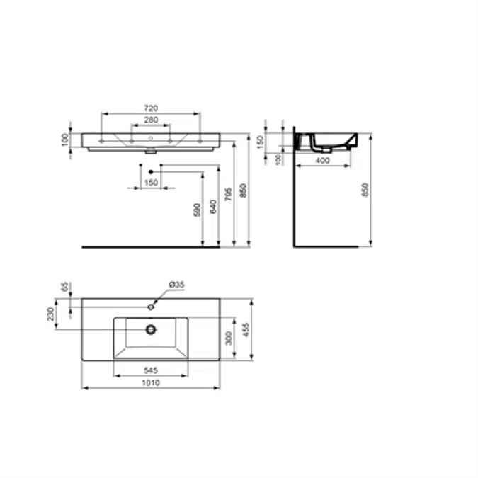 STRADA vanity basin 1010x455mm, 1 taphole, with overflow