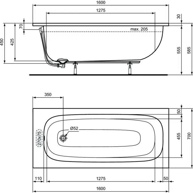 I.LIFERECTANGULAR BATH TUB  160X70 WITH LEGSET