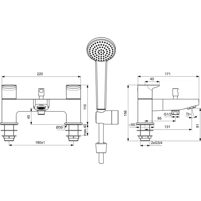 CERAPLAN BATH & SHOWER MIXER RIM MOUNTED 2H & KIT