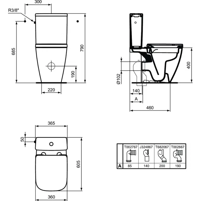 i.life S Close Cloupled rimless WC Pan, Horizontal Outlet with 6/3 L site inlet cistern