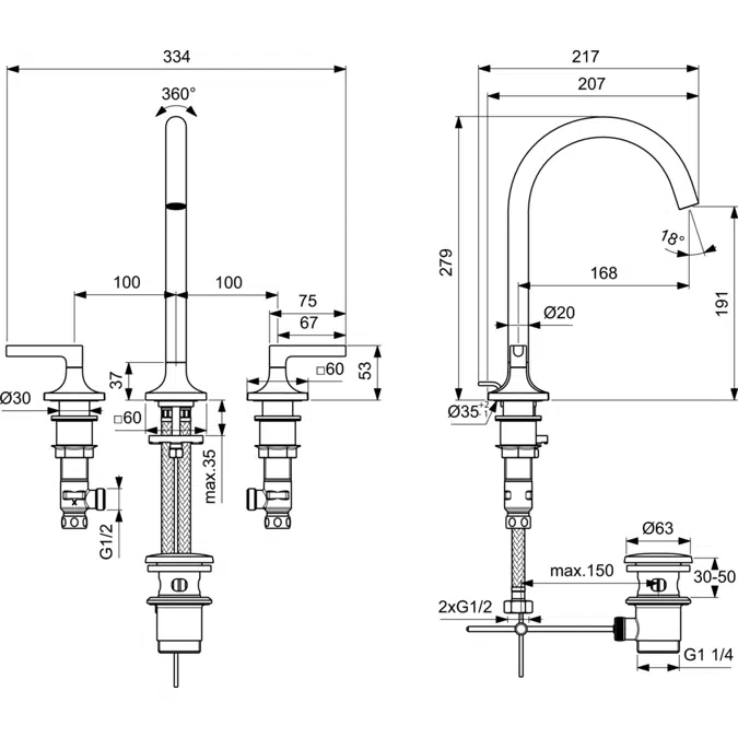 JOY NEO 3 HOLE BASIN DUAL CONTROL WITH LEVER HANDLES AND POP-UP WATE.