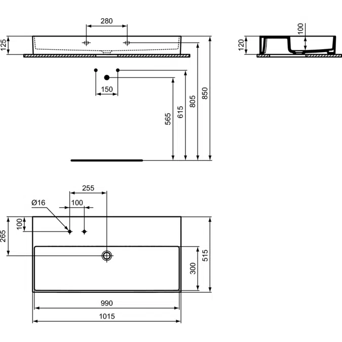 SOLOS basin 100x50cm (2TH on left side of tapdeck), available in glossy white and glossy black finishes