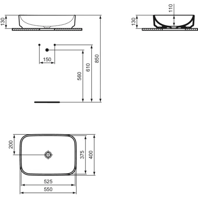 I.LIFE B  Vessel 550x400x130 mm in white glossy finish, without overflow  Space saving basin