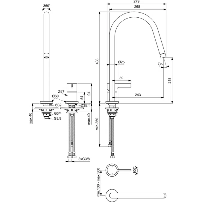 GUSTO SINK MIXER 2 HOLES C ROUND SPOUT