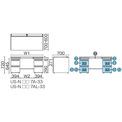 รูปภาพสำหรับ US-1 両袖机（A-3段袖×A-3段袖） D700多量収納タイプ