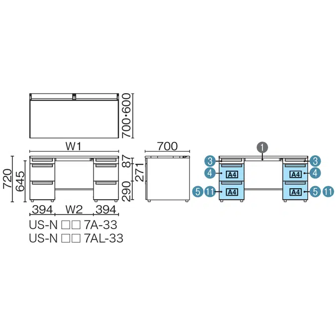 US-1 両袖机（A-3段袖×A-3段袖） D700多量収納タイプ