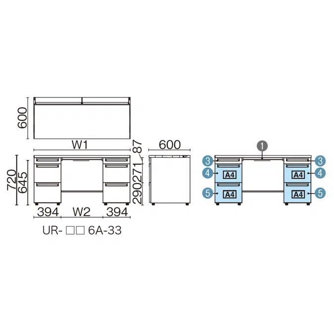 US-1S 両袖机（A-3段袖×A-3段袖  D600 標準収納タイプ