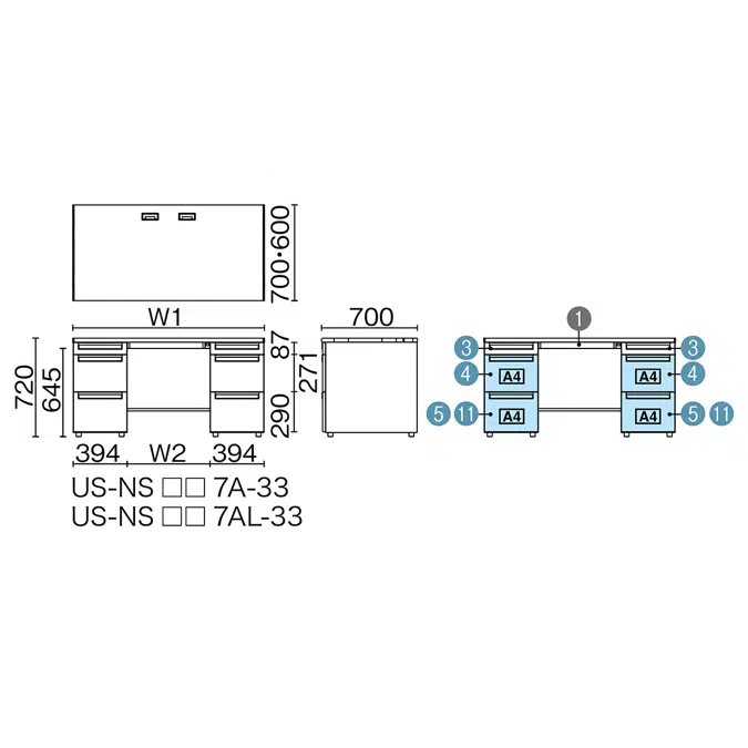 US-2 両袖机（A-3段袖×A-3段袖）