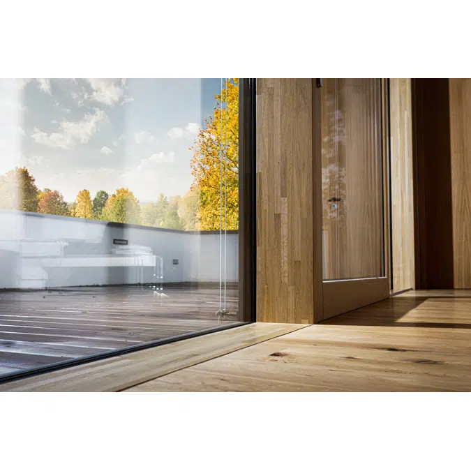 UNILUX - wood-alu lift & slide door, Scheme A, integrated in FineLine curtain wall