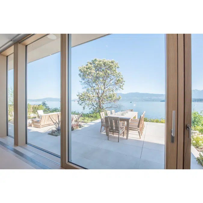 UNILUX - wood-alu lift & slide door, Scheme A, integrated in FineLine curtain wall