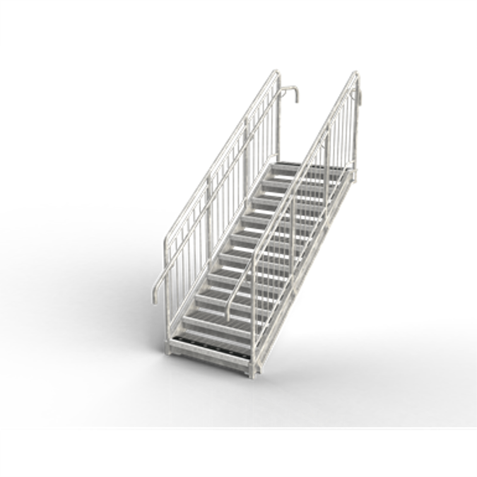 Straight flight staircase, level tread, railing, round bar
