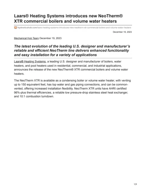 hydronicshub.com-Laars_Heating_Systems_introduces_new_NeoTherm_XTR_commercial_boilers_and_volume_water_heaters_.pdf