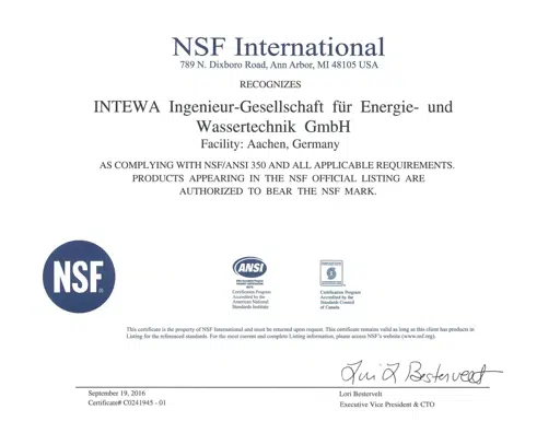 AQUALOOP NSF 350 Certificate and Data Summary