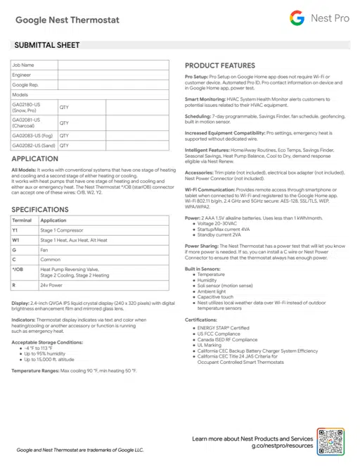 Nest Thermostat Submittal Sheet