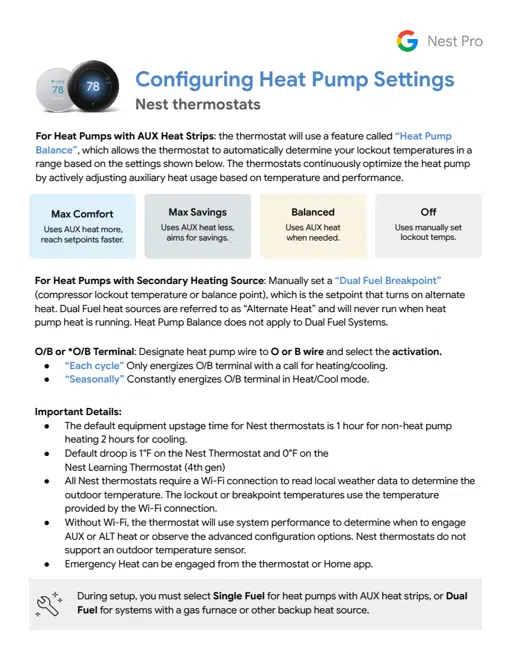 Heat Pump Configuration for Nest thermostats