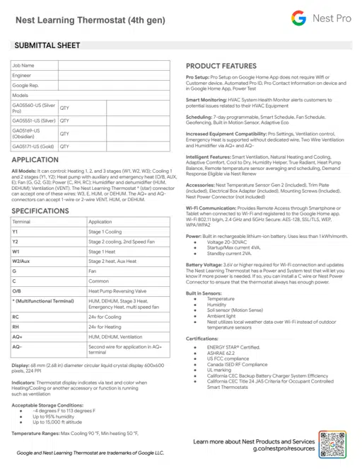 Nest Learning Thermostat (4th gen) Submittal Sheet