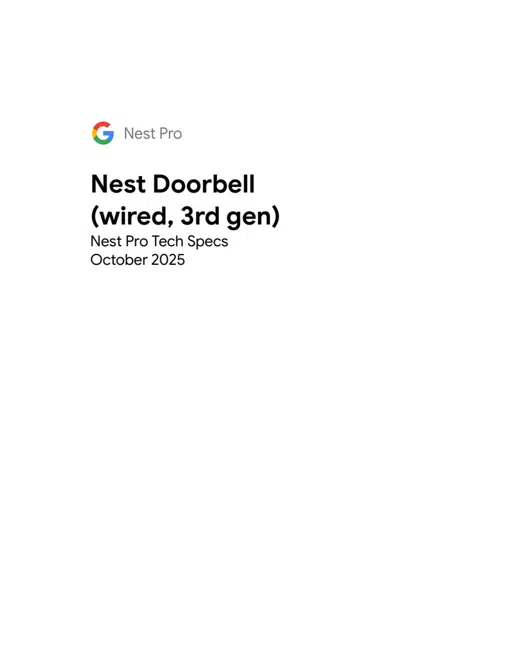 Nest Doorbell (wired, 3rd gen) Pro Tech Specs