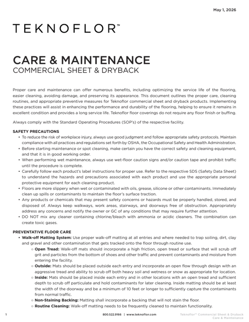 Teknoflor Commercial Sheet & Dryback - Care & Maintenance